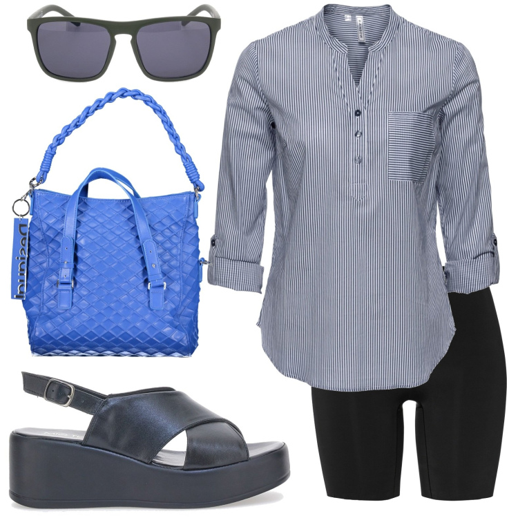 Outfit donna - Must-have hot pants. Stile Casual per Tutti i giorni. look ideale per Petite. Abbinamento con tuniche, pantaloni corti, sandali in pelle, borse a spalla, occhiali da sole.