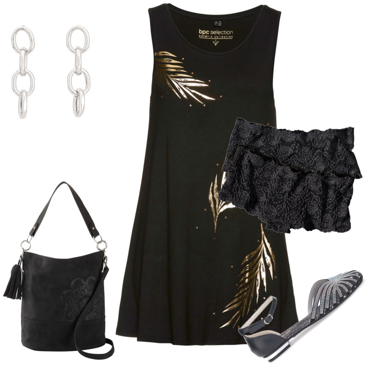 Outfit donna - Look semplice e chic. Stile Urban per Tutti i giorni. Abbinamento con top, culotte, borse a mano, orecchini, sandali gioiello.