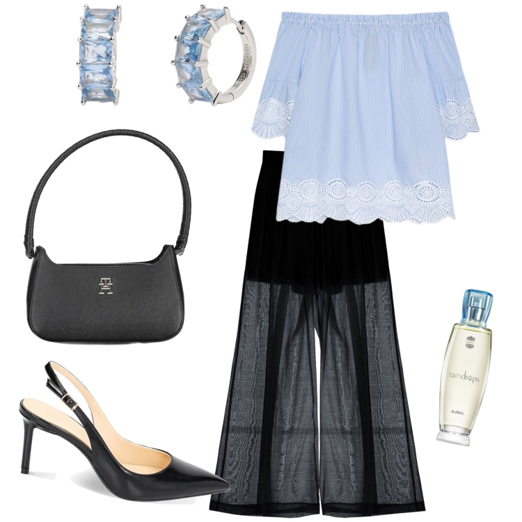 Outfit donna - Trasparenze. Stile Glamour per Serata fuori. Abbinamento con profumi, orecchini, pantaloni, décolleté, borse a spalla, bluse.