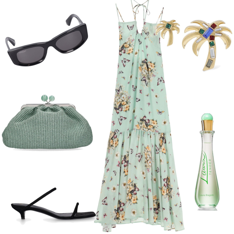 Outfit donna - Festa sul mare. Stile Glamour per Serata fuori. Abbinamento con profumi, vestiti lunghi, pochette, orecchini, occhiali da sole, sandali col tacco.