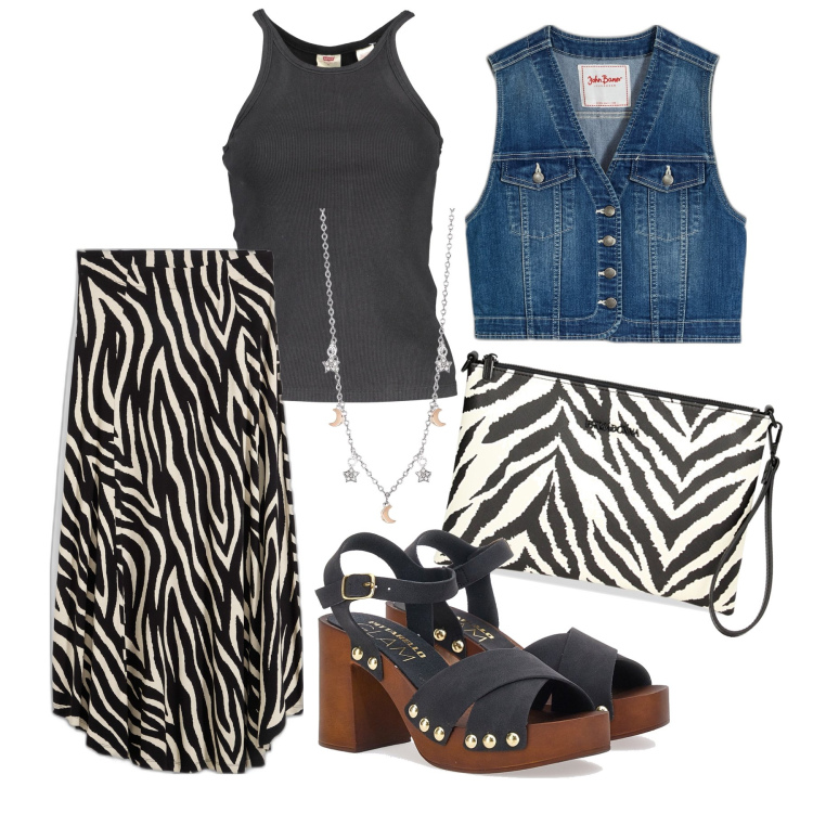 Outfit donna - Ghost outfitter - luglio. Stile Trendy per Tutti i giorni. Abbinamento con gilet, gonne, collane, valigie, camicie, zoccoli.