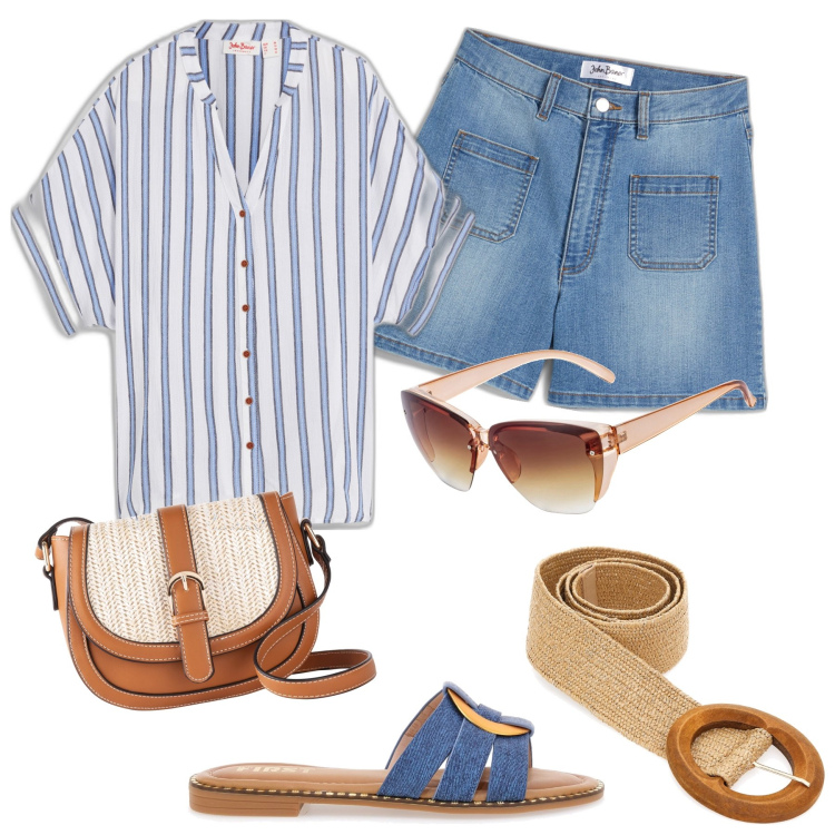 Outfit donna - Iniziamo le vacanze. Stile Casual per Tutti i giorni. Abbinamento con camicie, occhiali da sole, shorts, borse a tracolla, ciabatte, cinture.