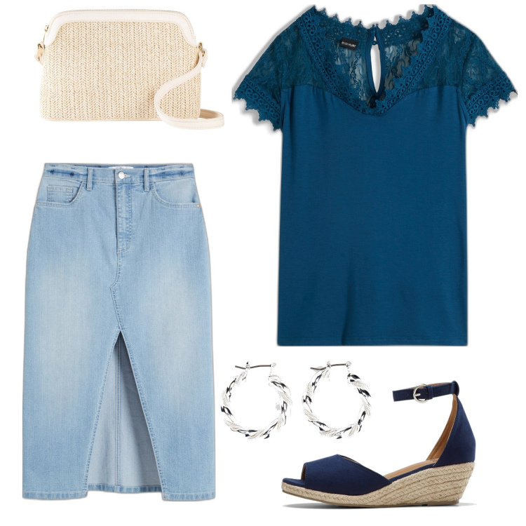 Outfit donna - Semplice con stile. Stile Casual chic per Tutti i giorni. Abbinamento con borse a tracolla, orecchini, maglieria, gonne longuette, sandali.
