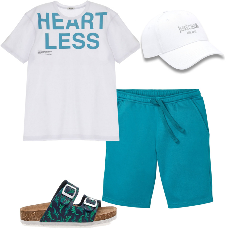 Outfit uomo - Il vacanziere. Stile Casual per Mare. Abbinamento con bermuda, t-shirt, cappelli con visiera, sandali.