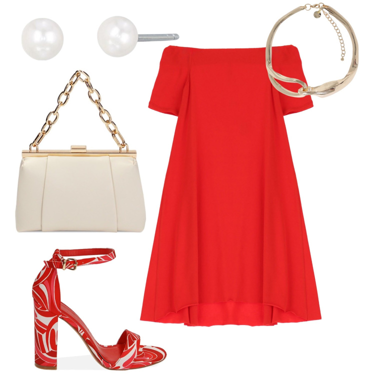 Outfit donna - In rosso. Stile Chic per Serata fuori. Abbinamento con orecchini, vestiti corti, borse a spalla, sandali col tacco, collane.