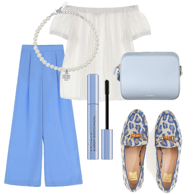 Outfit donna - Total look #1909067. Stile Casual chic per Tutti i giorni. Abbinamento con mascara, bluse, braccialetti con ciondoli, pantaloni, mocassini, borse a tracolla.