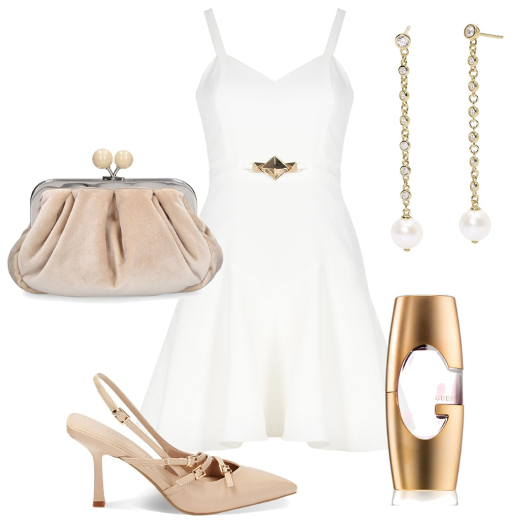 Outfit donna - Total look #1909069. Stile Chic per Cerimonia. Abbinamento con profumi, orecchini, vestiti corti, décolleté, pochette.