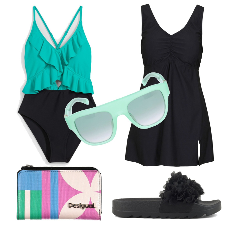 Outfit donna - L\'ora del thè....freddo. Stile Casual per Mare. Abbinamento con vestiti da spiaggia, costumi interi, ciabatte, portafogli, occhiali da sole.