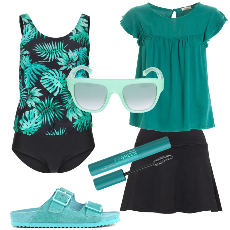 Outfit donna - Mare in green. Stile Casual per Tutti i giorni. Abbinamento con costumi interi, mascara, top, sandali, occhiali da sole, shorts.