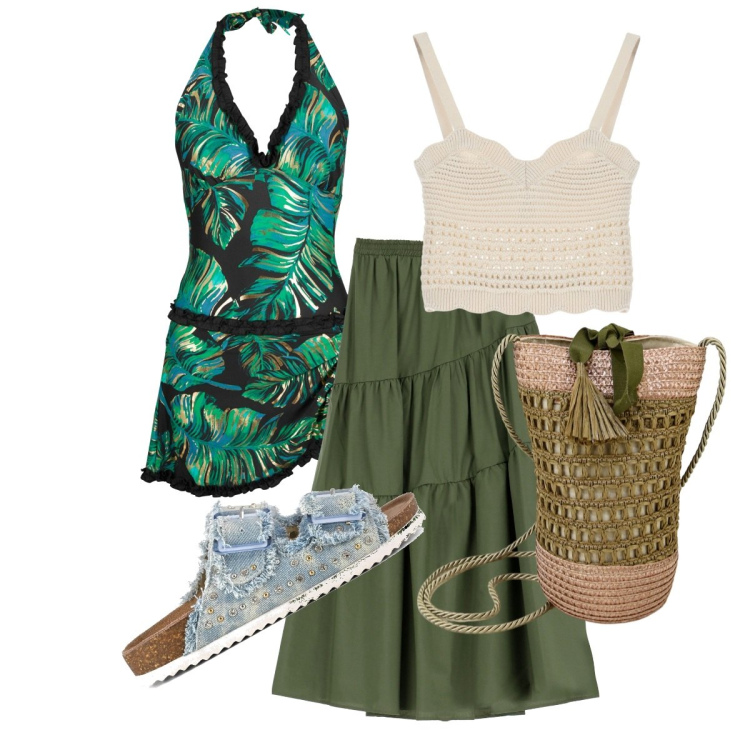 Outfit donna - Fiesta en la playa, verde militar. Stile Boho per Mare. Abbinamento con vestiti da spiaggia, top, gonne lunghe, borse a secchiello, sandali.