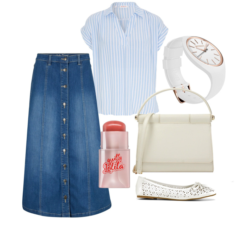Outfit donna - Ghost outfitter - luglio. Stile Basic per Tutti i giorni. Abbinamento con gonne longuette, bluse, ballerine, blush, orologi, pochette.