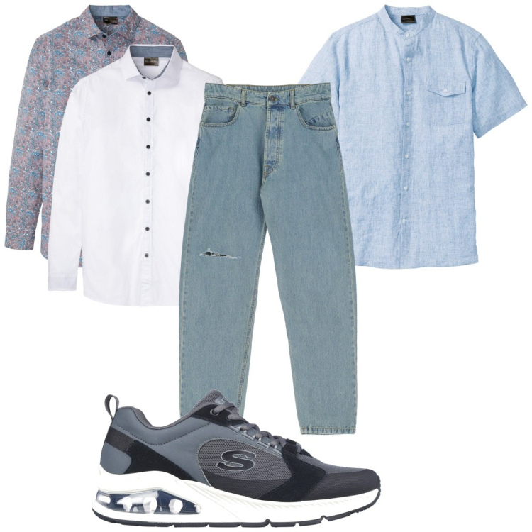 Outfit uomo - Total look #1909130. Stile Trendy per Tutti i giorni. Abbinamento con camicie a manica corta, camicie, jeans slim fit, sneakers.