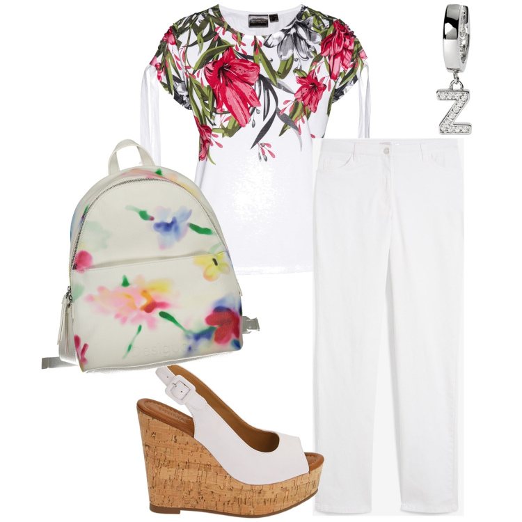 Outfit donna - Zeta di zeppa. Stile Trendy per Tutti i giorni. Abbinamento con pantaloni, maglieria, orecchini, zeppe, zaini.