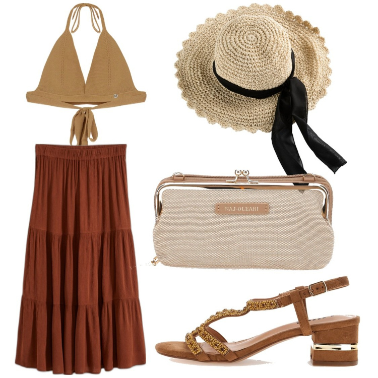 Outfit donna - Il mio terzo outfit dell\'estate. Stile Etnico per Tutti i giorni. Abbinamento con gonne longuette, cappelli, top, sandali col tacco, pochette.