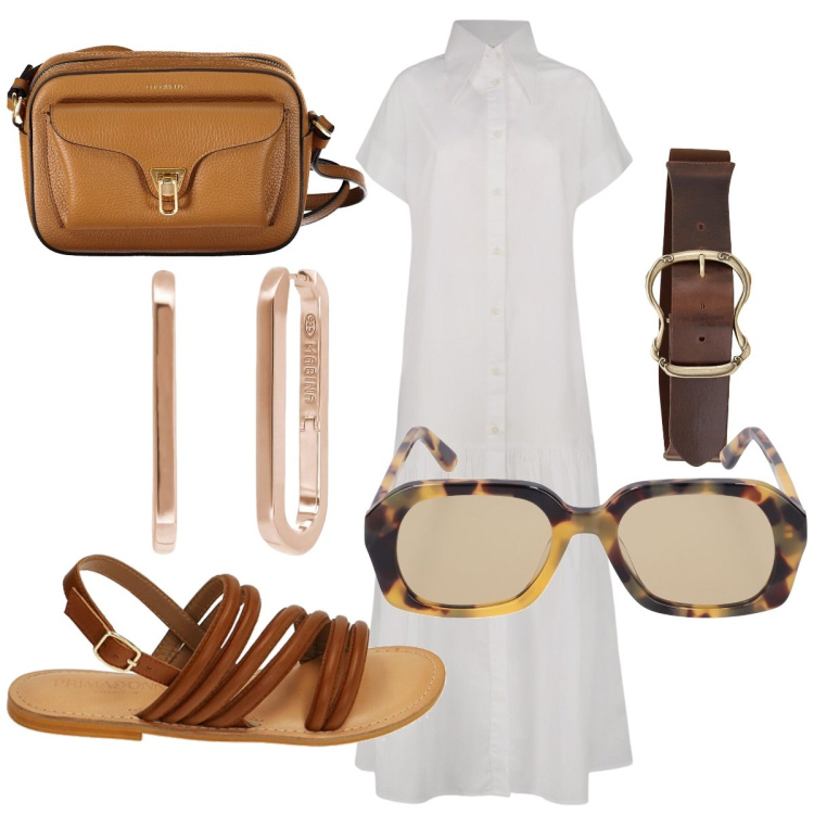 Outfit donna - Giro in città. Stile Bon Ton per Tutti i giorni. Abbinamento con orecchini, sandali in pelle, cinture, vestiti lunghi, occhiali da sole, borse a tracolla.
