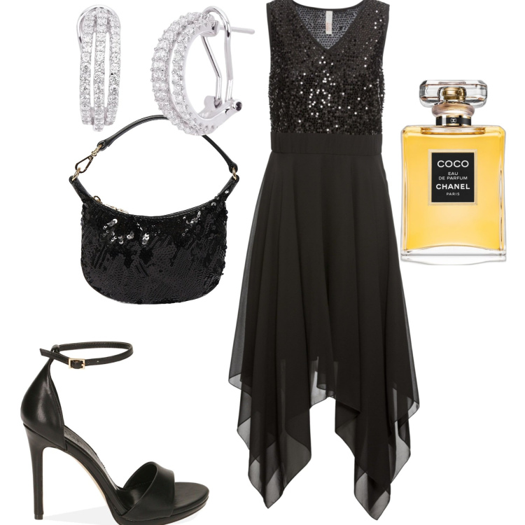 Outfit donna - La nuit. Stile Chic per Serata fuori. Abbinamento con vestiti midi/longuette, profumi, orecchini, sandali col tacco, pochette.