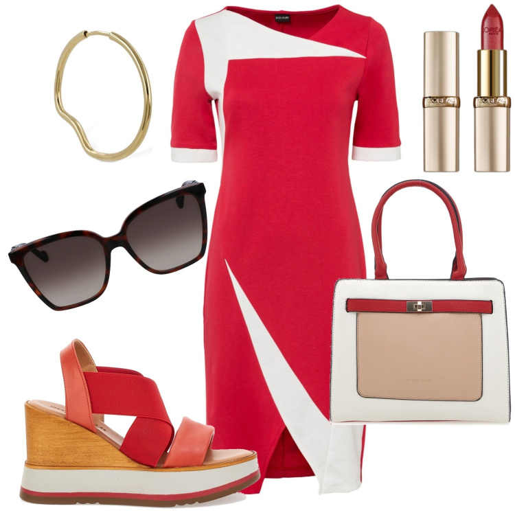 Outfit donna - Cherry red. Stile Chic per Ufficio. Abbinamento con vestiti a tubino, rossetti, sandali, borse a spalla, orecchini, occhiali da sole.
