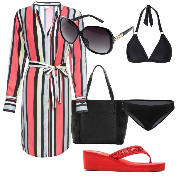 Outfit donna - Giornata al mare. Stile Basic per Mare. Abbinamento con bikini, occhiali da sole, shopping bag, jeans, infradito.