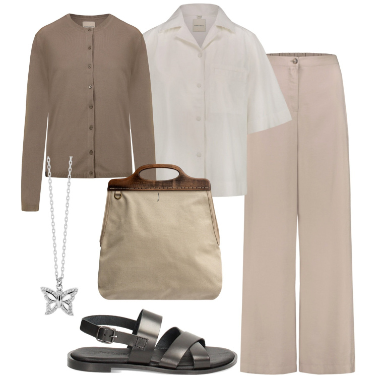 Outfit donna - Luglio in ufficio. Stile Casual chic per Ufficio. Abbinamento con collane, sandali in pelle, borse a tracolla, pantaloni, cardigans, camicie.