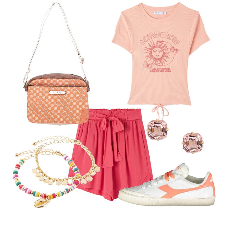 Outfit donna - Fior di pesca. Stile Casual per Tutti i giorni. Abbinamento con braccialetti con ciondoli, shorts, t-shirt, orecchini, borse a tracolla, sneakers.
