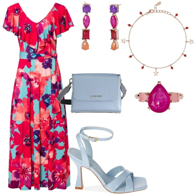 Outfit donna - Incantevole abito con volant a fiori. Stile Chic per Tutti i giorni. Abbinamento con vestiti lunghi, braccialetti con ciondoli, anelli, orecchini, sandali col tacco, borse a spalla.