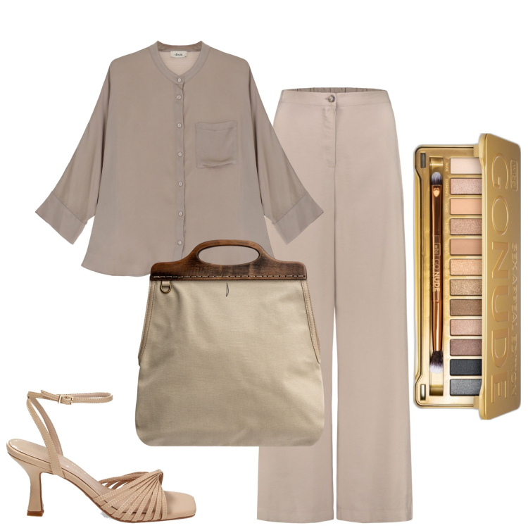 Outfit donna - Ufficio. Stile Casual chic per Ufficio. Abbinamento con ombretti, camicie, sandali col tacco, borse a tracolla, pantaloni.