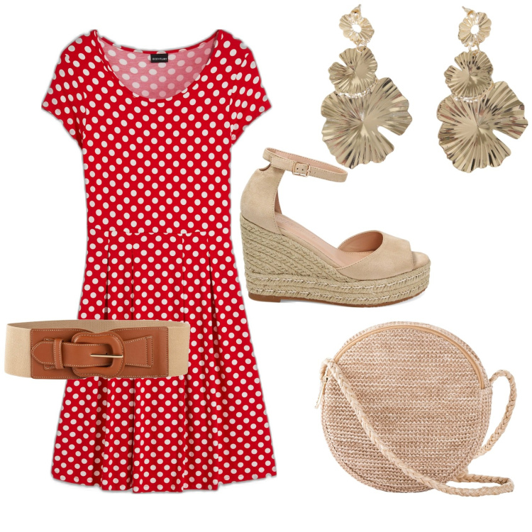 Outfit donna - I pois. Stile Casual chic per Ufficio. Abbinamento con borse a tracolla, vestiti, cinture, orecchini, zeppe.