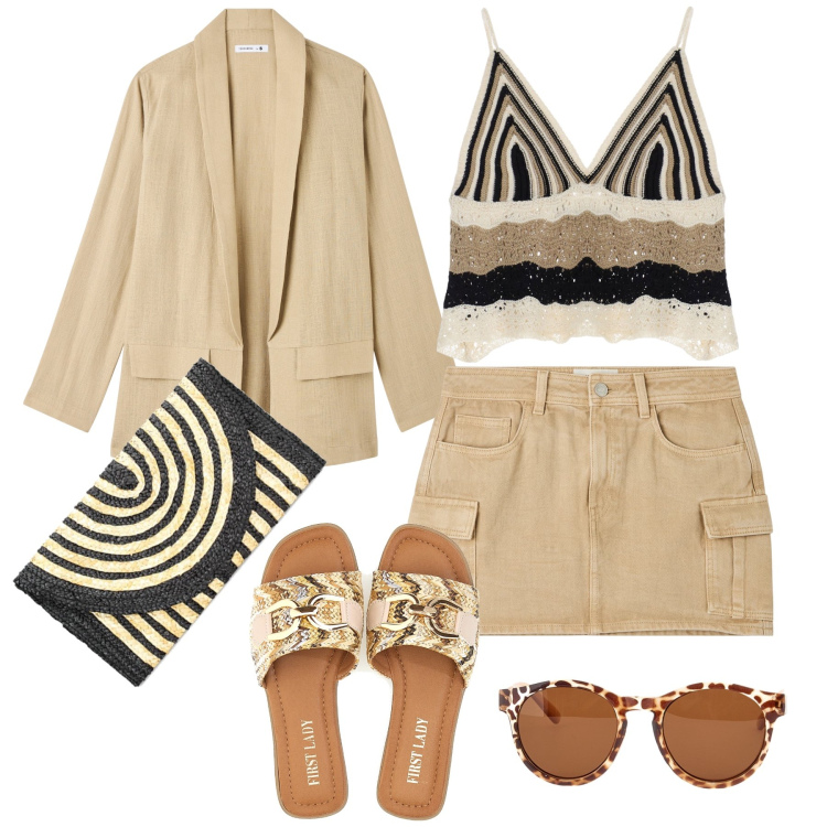Outfit donna - Must have Bantoa. Stile Trendy per Tutti i giorni. Abbinamento con minigonne, blazer, top, pochette, ciabatte, occhiali da sole.