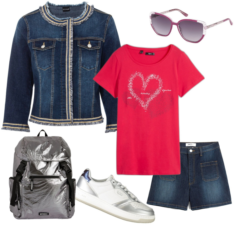 Outfit donna - In partenza per le vacanze. Stile Casual per Tutti i giorni. Abbinamento con t-shirt, blazer, shorts, zaini, sneakers, occhiali da sole.