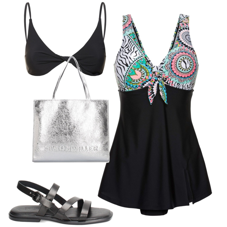 Outfit donna - In spiaggia. Stile Casual chic per Mare. Abbinamento con costumi, sandali in pelle, bikini, shopping bag.
