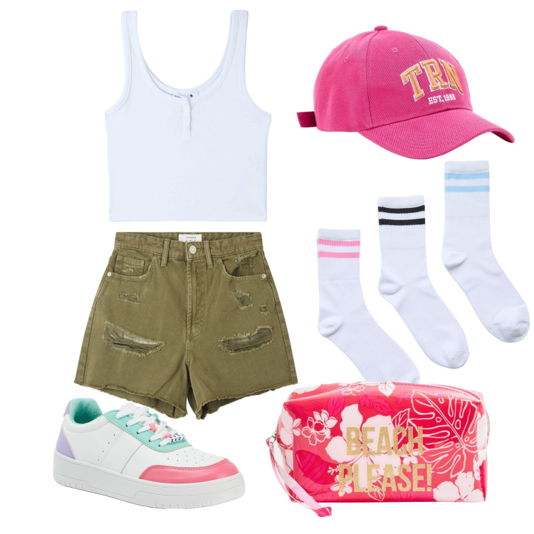 Outfit donna - Ghost outfitter - luglio. Stile Sporty chic per Tutti i giorni. Abbinamento con shorts, sneakers, canottiere, calzini, valigie, cappelli.