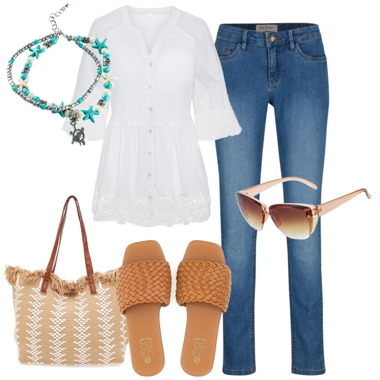 Outfit donna - Summertime. Stile Casual chic per Tutti i giorni. Abbinamento con jeans skinny, occhiali da sole, camicie, collane, ciabatte, borse a spalla.