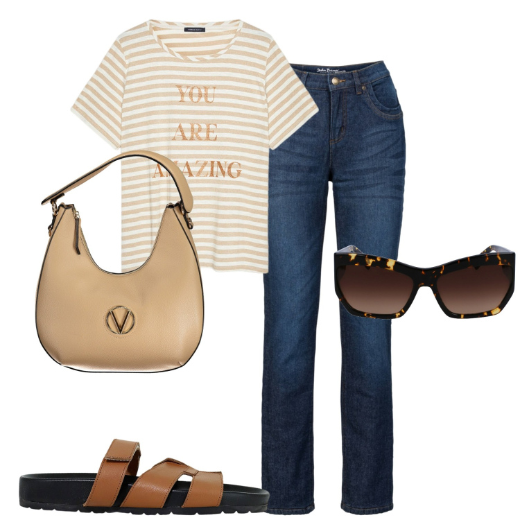 Outfit donna - City. Stile Casual chic per Tutti i giorni. Abbinamento con jeans dritti, sandali, occhiali da sole, t-shirt, borse a spalla.