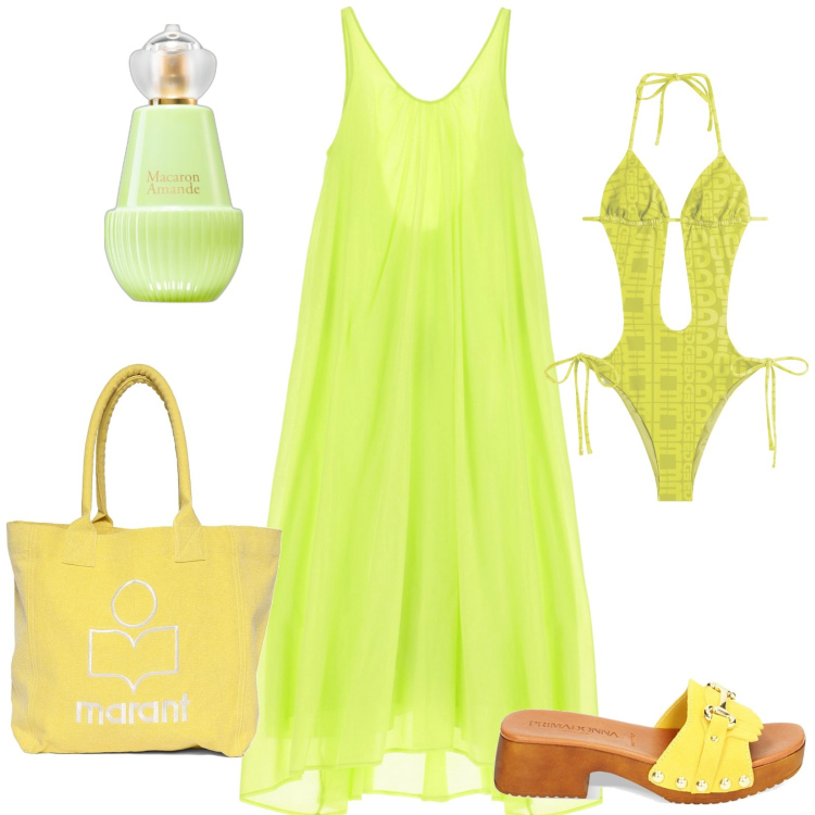 Outfit donna - Monocolor. Stile Trendy per Mare. Abbinamento con profumi, vestiti lunghi, costumi interi, zoccoli, shopping bag.