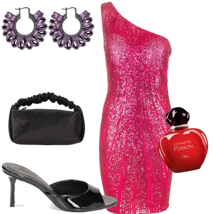 Outfit donna - Poison. Stile Sexy per Serata fuori. Abbinamento con borse a mano, profumi, vestiti asimmetrici, pantofole, orecchini.