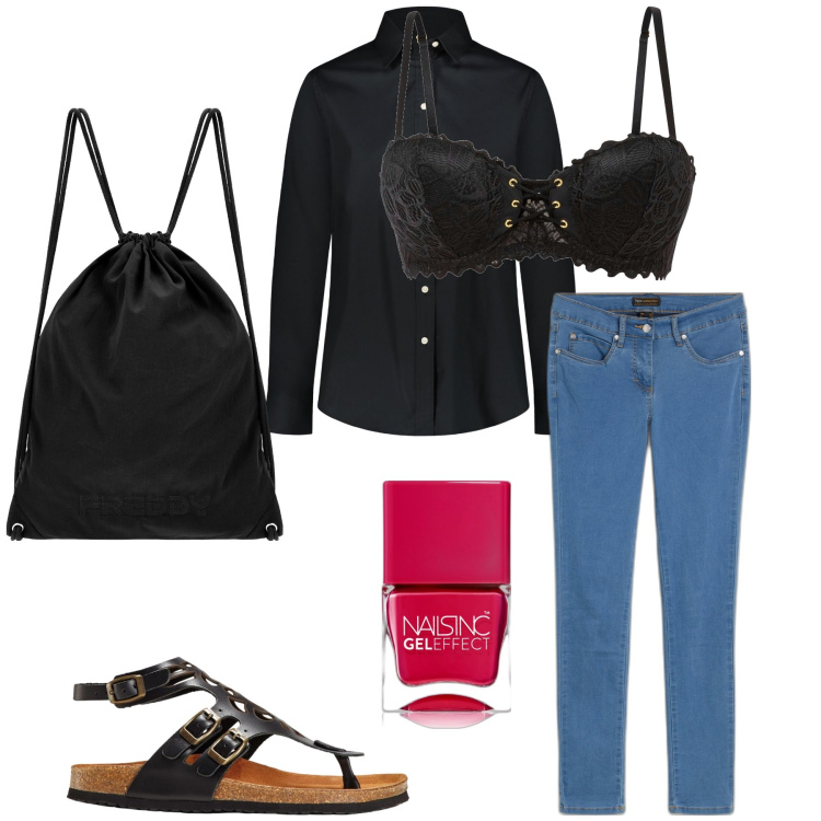 Outfit donna - Reggiseno e smalto poiché sono io. Stile Mannish per Tutti i giorni. Abbinamento con sandali in pelle, jeans dritti, reggiseni a balconcino, smalti, zaini, camicie.