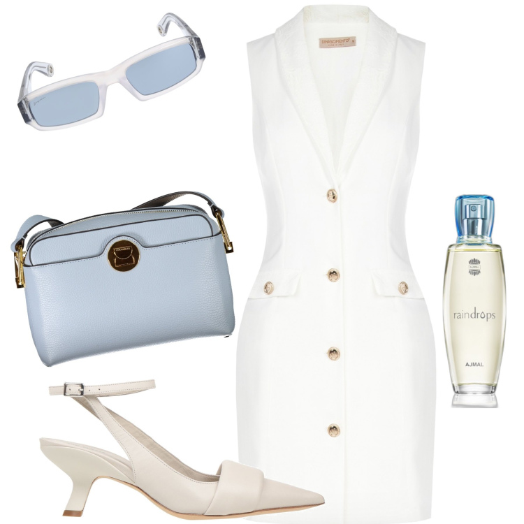 Outfit donna - Pomeriggio formale. Stile Chic per Tutti i giorni. Abbinamento con décolleté, profumi, vestiti a tubino, occhiali da sole, borse a tracolla.