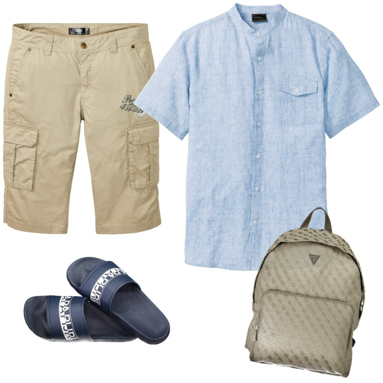 Outfit uomo - My husband. Stile Casual per Mare. Abbinamento con camicie a manica corta, bermuda, sandali, borse sportive.