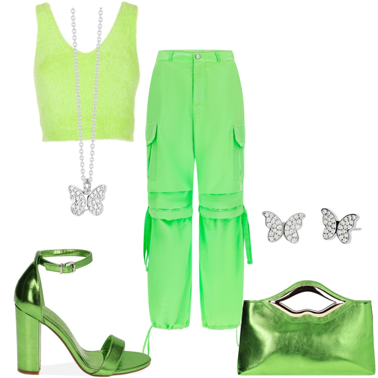 Outfit donna - Cargo e top. Stile Trendy per Serata fuori. Abbinamento con orecchini, collane, top, pochette, sandali col tacco, pantaloni cargo.