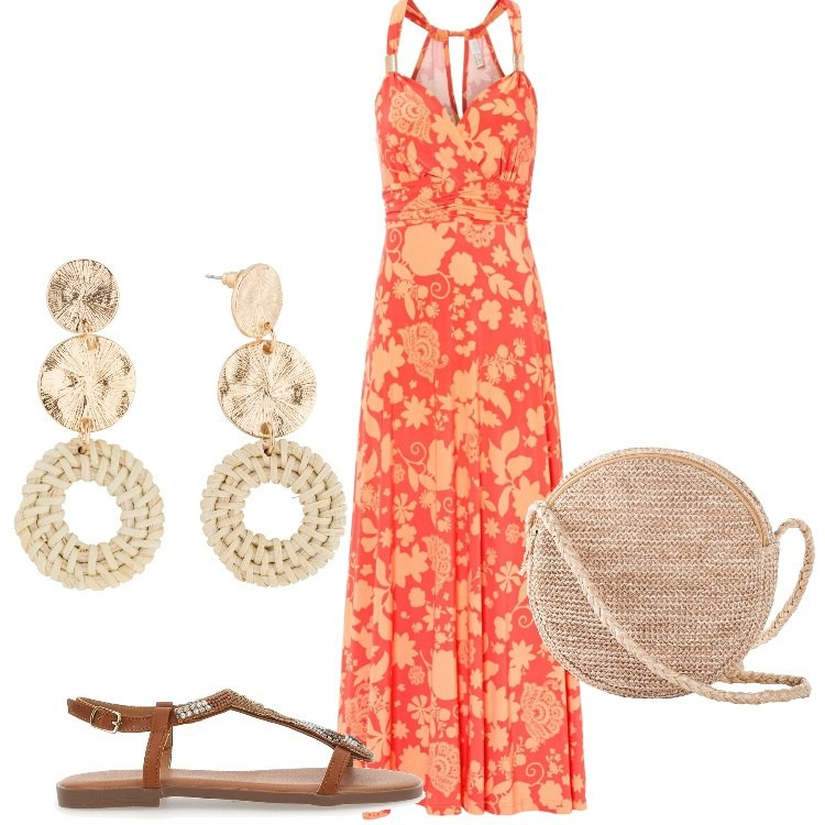 Outfit donna - Benvenuta estate. Stile Etnico per Tutti i giorni. Abbinamento con borse a tracolla, vestiti lunghi, orecchini, sandali gioiello.