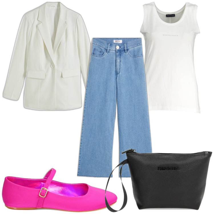 Outfit donna - Total look #1909309. Stile Trendy per Tutti i giorni. Abbinamento con jeans, blazer, ballerine, valigie, canottiere.
