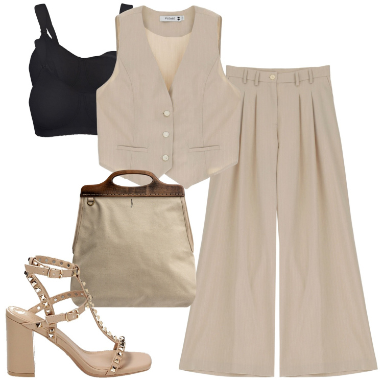 Outfit donna - Total look #1909313. Stile Casual chic per Tutti i giorni. Abbinamento con reggiseni, pantaloni a palazzo, gilet, sandali col tacco, borse a tracolla.