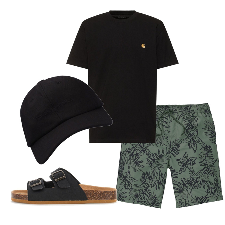Outfit uomo - Total look #1909333. Stile Casual per Mare. Abbinamento con pantaloni corti, sandali, cappelli, t-shirt.