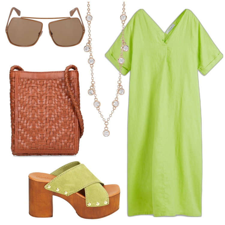 Outfit donna - Verde lime. Stile Trendy per Tutti i giorni. Abbinamento con caftani, collane, sandali col tacco, occhiali da sole, borse a spalla.