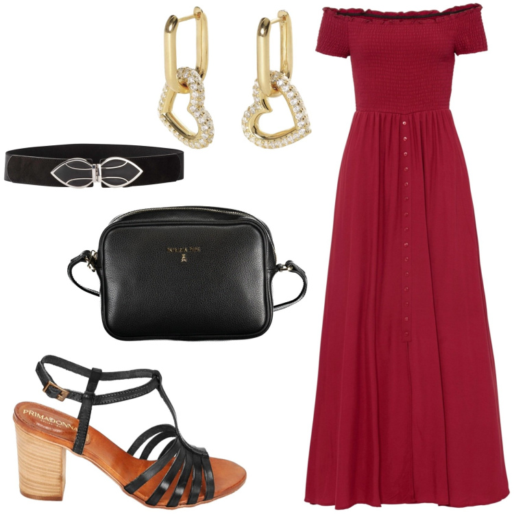 Outfit donna - Abito cherry red. Stile Casual chic per Tutti i giorni. Abbinamento con cinture, vestiti, orecchini, sandali in pelle, borse a tracolla.