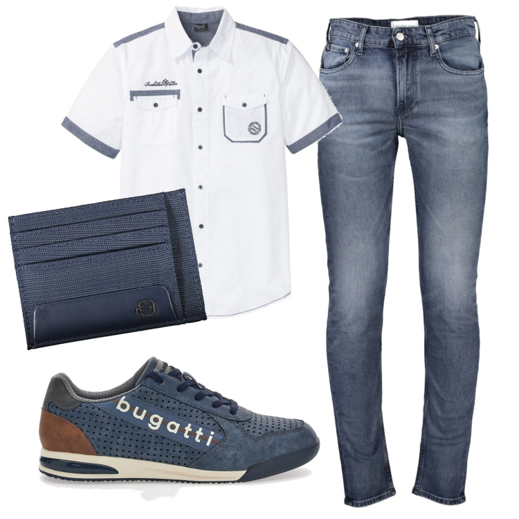 Outfit uomo - Total look #1909341. Stile Trendy per Ufficio. Abbinamento con camicie a manica corta, jeans, portafogli, sneakers.