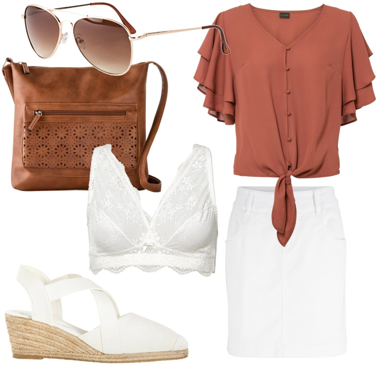 Outfit donna - BonPrix stiloso. Stile Bon Ton per Tutti i giorni. look ideale per Petite. Abbinamento con minigonne, bralette, borse a tracolla, occhiali da sole, camicie, sandali.