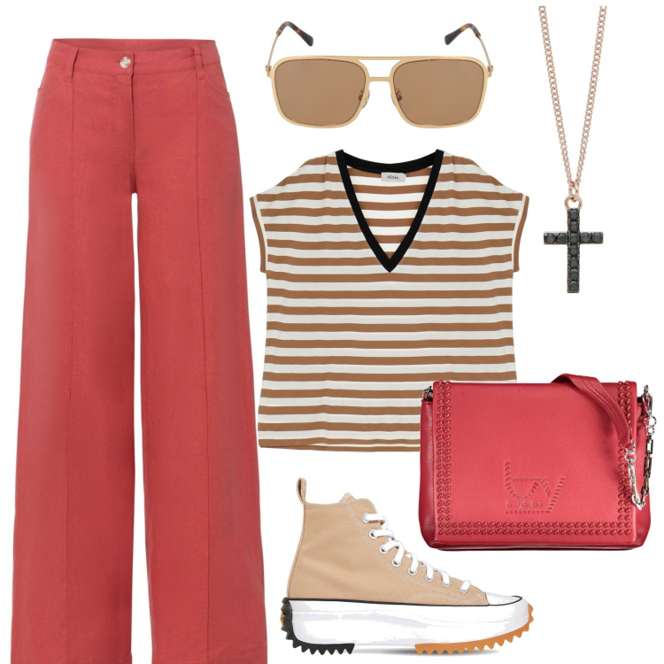 Outfit donna - Uno stile disinvolto. Stile Casual per Tutti i giorni. Abbinamento con pantaloni a palazzo, collane, t-shirt, sneakers, borse a spalla, occhiali da sole.