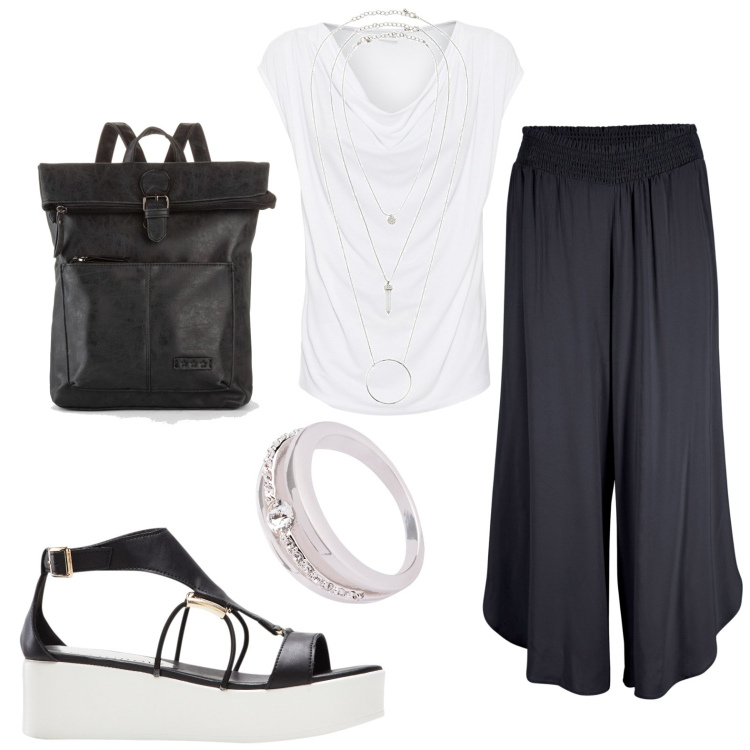 Outfit donna - BonPrix bianco e nero. Stile Bon Ton per Tutti i giorni. look ideale per Petite. Abbinamento con maglieria, zaini, ciondoli, anelli, pantaloni culotte, sandali col tacco.