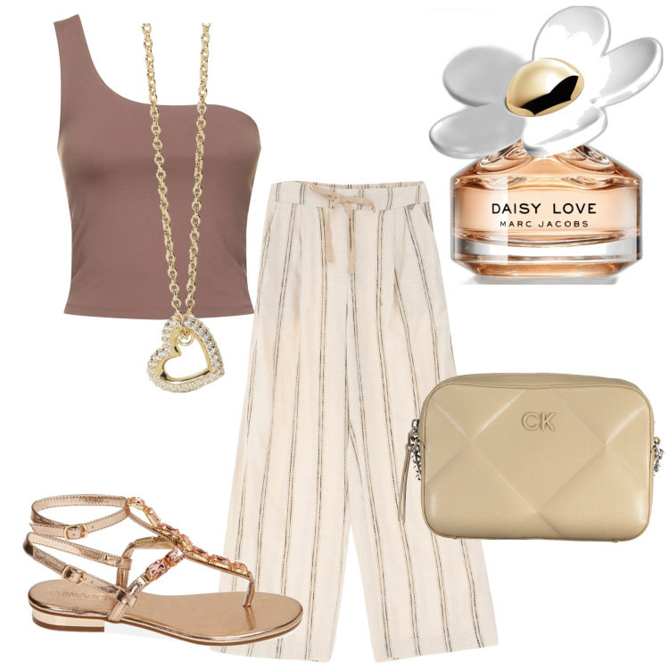Outfit donna - Semplicemente chic. Stile Casual chic per Serata fuori. Abbinamento con profumi, collane, ciabatte, pantaloni, canottiere, borse a tracolla.